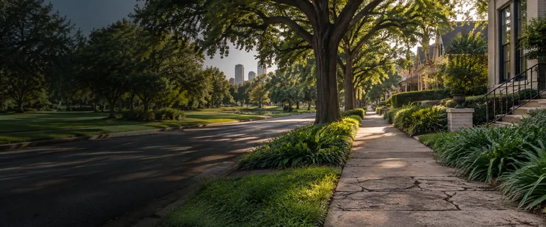 A Houston sidewalk edge framed by trees and warm afternoon light
