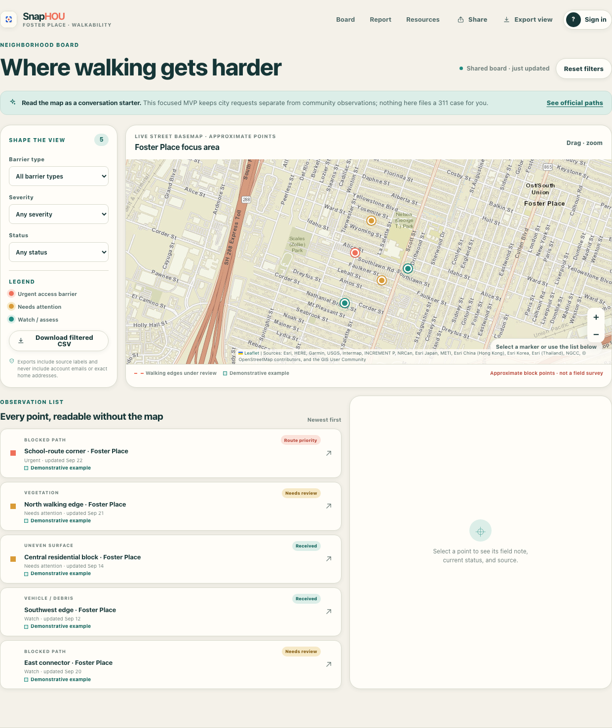 Production capture of the SnapHOU neighborhood board: five approximate points on an Esri street basemap, filters, a readable observation list, and a visible not-a-field-survey disclosure.